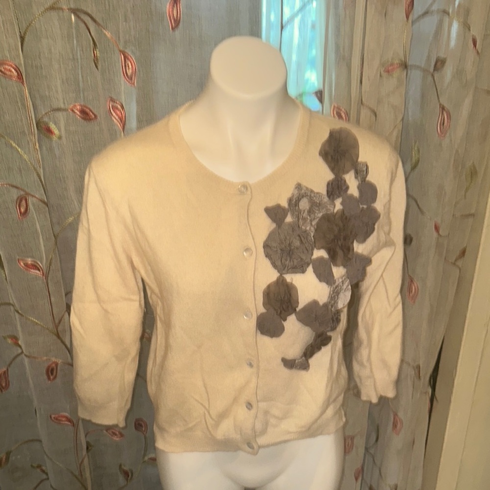 Dose of Colors Beige Cardigan with Gray Floral Accents